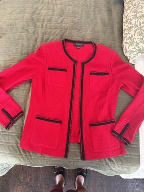 St. John Vibrant Red Bouclé Jacket with Black Trim